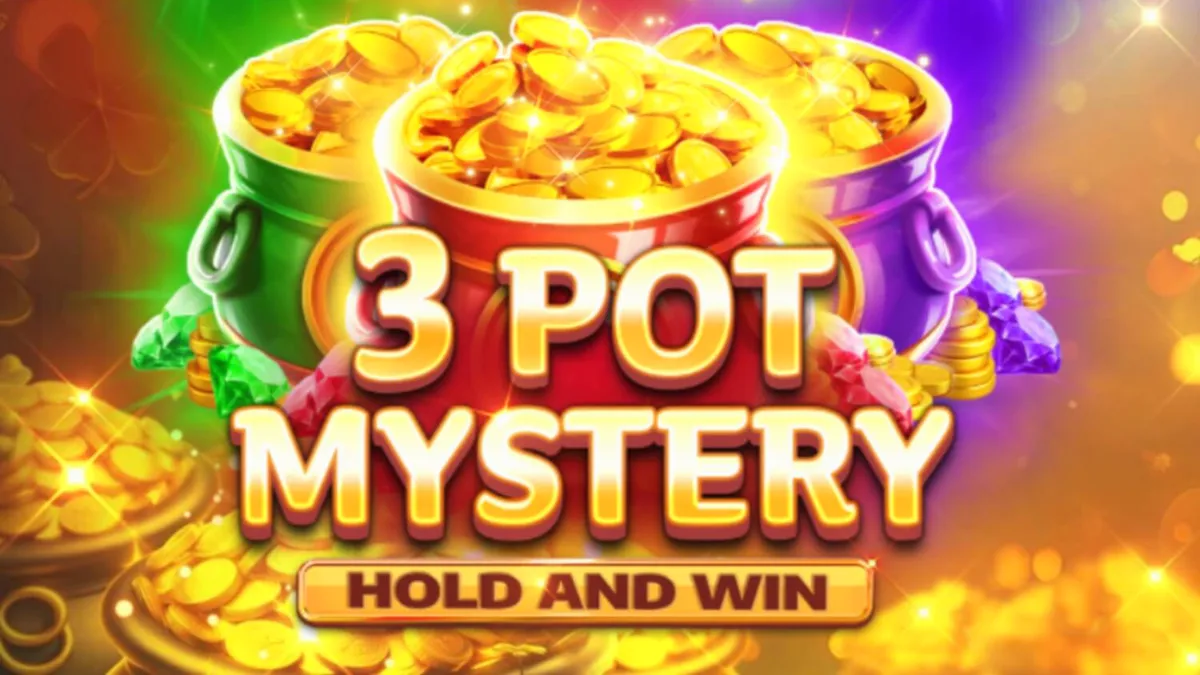 3 Pot Mystery Hold and Win slot machine interface with golden pots and mining theme