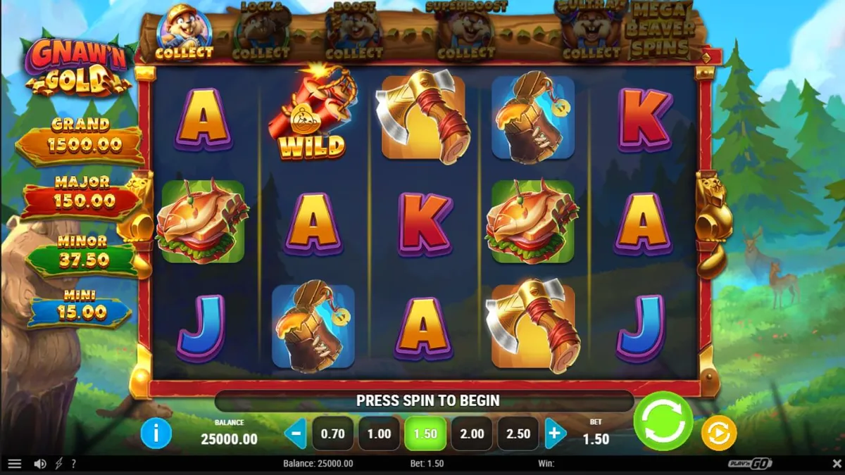 Tampilan visual slot Gnaw’n Gold dengan tema berang-berang dan hutan.