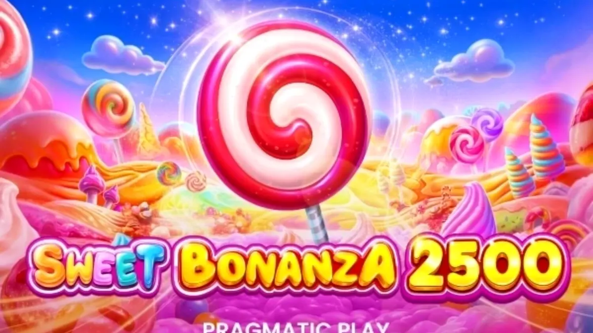 Tampilan layar permainan slot Sweet Bonanza 2500 dengan simbol buah dan permen yang berwarna-warni.